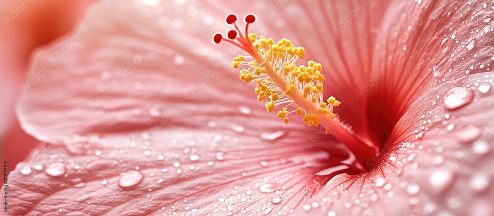 Poster close up of the shoe flower hibiscus rosa sinensis following rain water droplets on the petals anthe