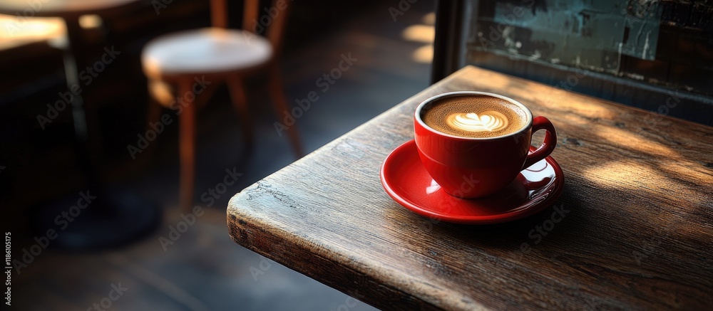 Poster A red cup of black Americano coffee on a saucer positioned at the edge of a wooden table in a cafe with a low key image featuring copyspace