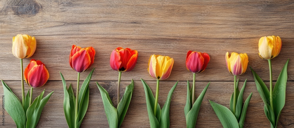Fototapete tulips separated against a wooden backdrop. with copy space image. place for adding text or design