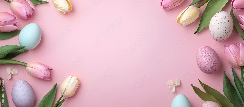 Fototapete home decor for the holiday easter background featuring eggs and tulips on a pink surface top view fl