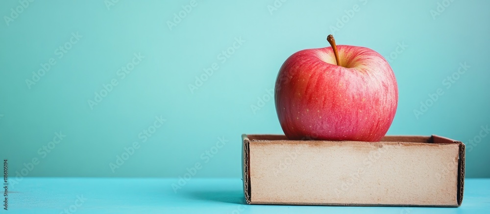 Fototapete attractive pink apple in a box against a blue background. with copy space image. place for adding te
