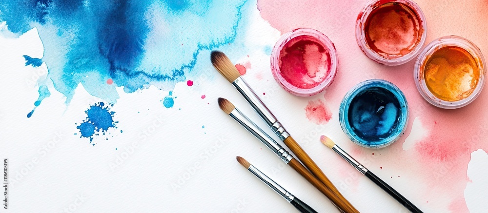 Poster Creative workspace in a flat lay arrangement featuring watercolor and brushes against a white background. with copy space image. Place for adding text or design