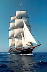 Sailing ship moves across open ocean. Large white sails fill with wind. Dark hull with details. Blue sky backdrop. Calm seas. Beautiful classic sailing ship. Adventure, travel, sea.