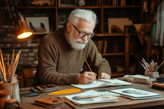 Elderly man sketches a detailed portrait with charcoal pencils at a warm and inviting rustic wooden table surrounded by art supplies