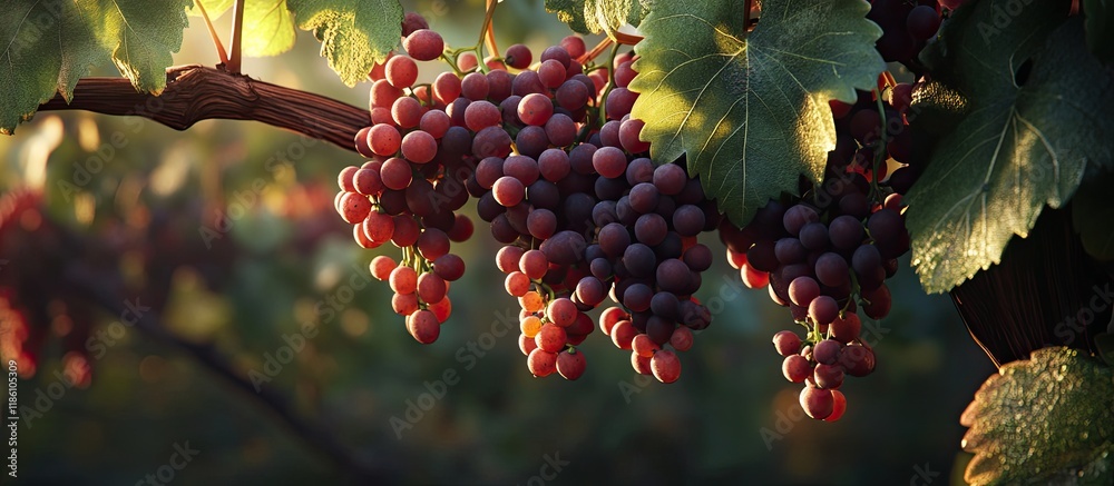 Poster grapes growing on a vine specifically red wine grapes with green leaves in a garden mature grapes du