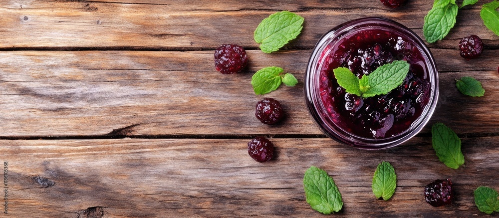 Aufkleber mulberry jam with mint leaves against a wooden background. with copy space image. place for adding t