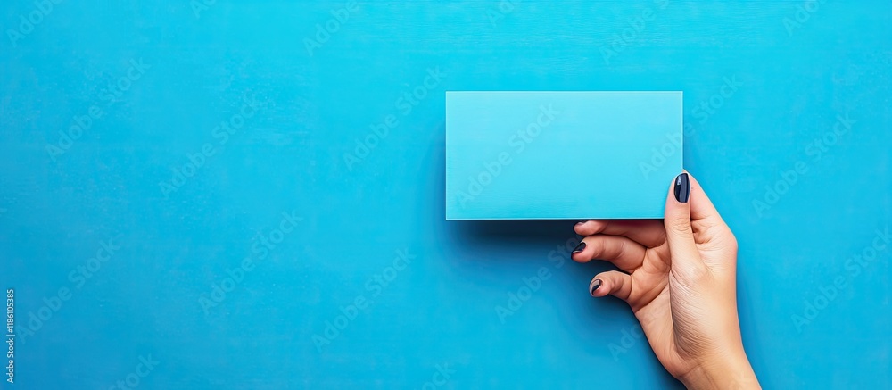 Poster Hand holding a blue rectangular piece of cardboard. with copy space image. Place for adding text or design