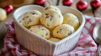 Delicious heart shaped bowl filled with chocolate chip cookies, perfect for sharing. warm, inviting scene evokes feelings of love and comfort, ideal for any occasion