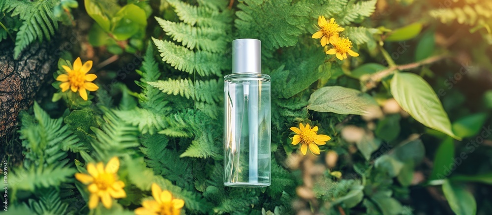 Aufkleber a clear cosmetic bottle rests in nature against a woody backdrop surrounded by green leaves and yell