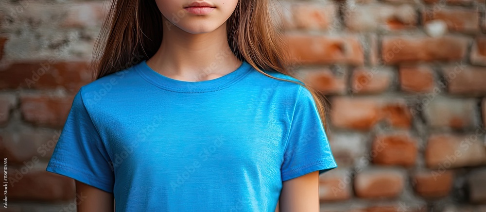 Aufkleber young girl in a plain blue t shirt standing in front of a brick wall close up. with copy space image
