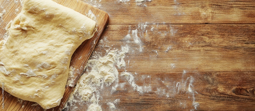 Aufkleber Close up of dough being rolled out on a wooden cutting board viewed from above. with copy space image. Place for adding text or design