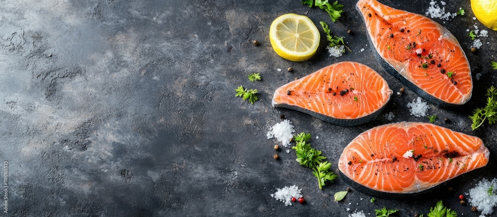 Aufkleber raw chum salmon steaks with spices herbs salt and lemon on an aged stone background top view copy sp