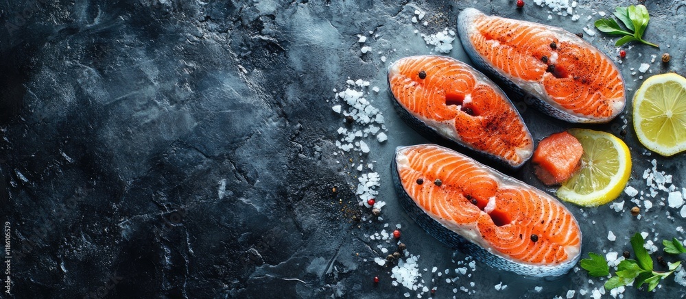 Aufkleber raw chum salmon steaks with spices herbs salt and lemon on an aged stone background top view copy sp