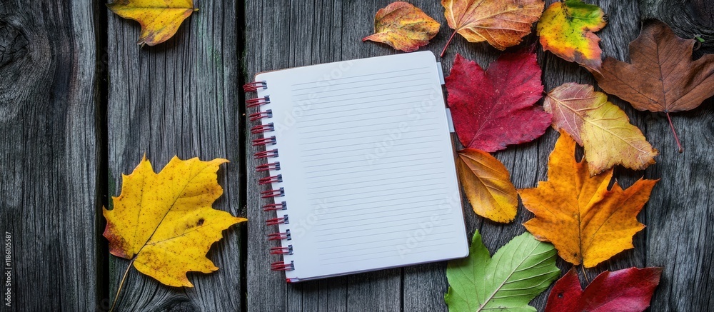 Poster Autumn leaves alongside a notebook on a wooden surface top view. with copy space image. Place for adding text or design