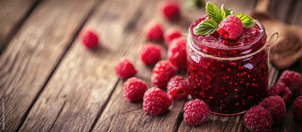 Poster fresh raspberry jam in a glass jar on a wooden table accompanied by fresh raspberries the idea of ho