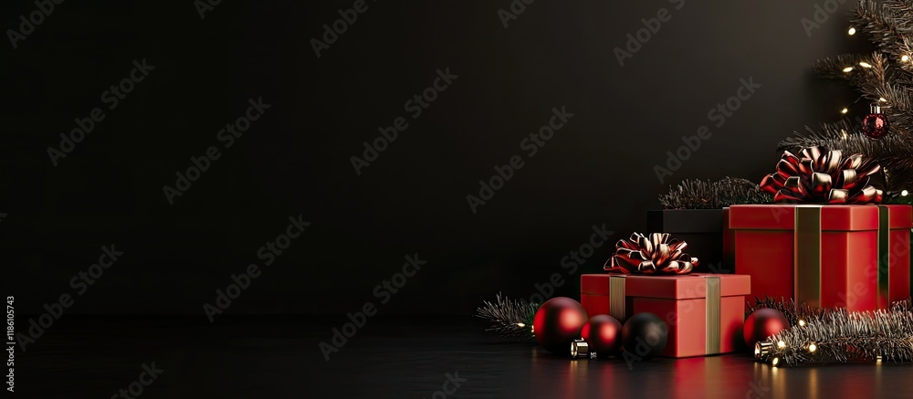 Aufkleber black background featuring New Year or Christmas gift boxes and decorative items. with copy space image. Place for adding text or design