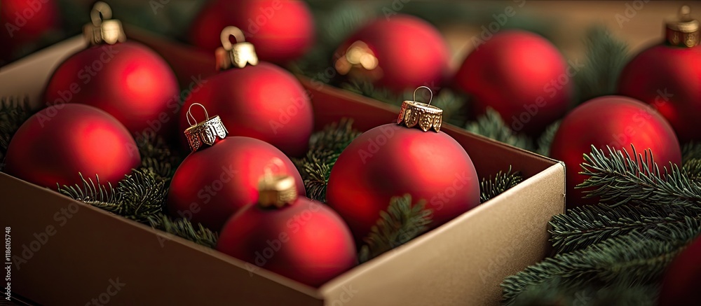 Fototapete Abstract Christmas background Red Christmas tree ornaments in a box getting ready to decorate a Christmas tree Christmas card Selective focus. with copy space image. Place for adding text or design
