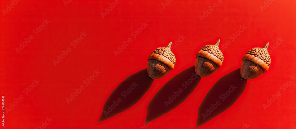 Leinwandbilder Trendy autumn composition with sunlight Three acorns arranged in a row on a vivid red backdrop Minimalist concept Flat lay style Copy space