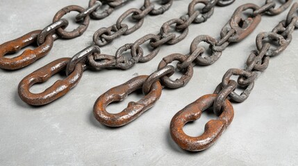Fototapeta premium Heavy-duty chains and hooks used in construction, isolated on a steel-grey gradient background.