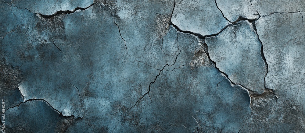 Poster Bluish gray laminate featuring cracks and small holes Full view. with copy space image. Place for adding text or design