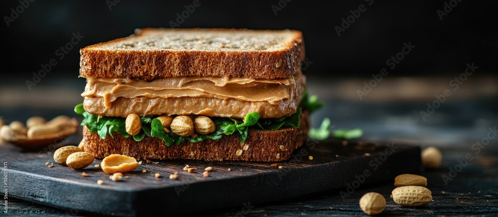 Leinwandbilder peanut butter sandwich with ingredients on a cutting board set against a black wooden table background. with copy space image. Place for adding text or design