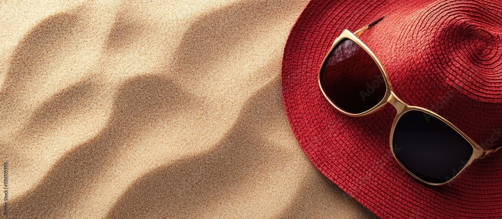 Poster top view beach travel background featuring sunglasses and a beach hat on the sand. with copy space i