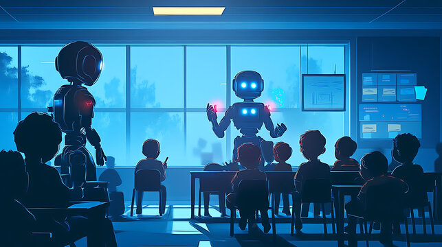 Robots teaching a classroom of children, highlighting technology in education.
