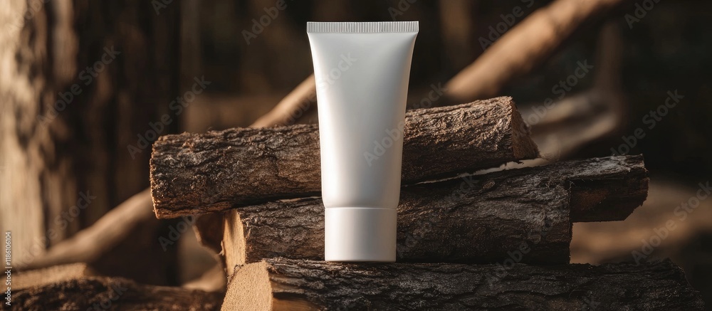 Poster A tube of white cream rests on a stack of wood. with copy space image. Place for adding text or design