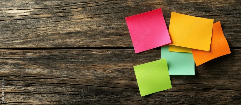 Poster Vibrant sticky notes on a wooden board. with copy space image. Place for adding text or design