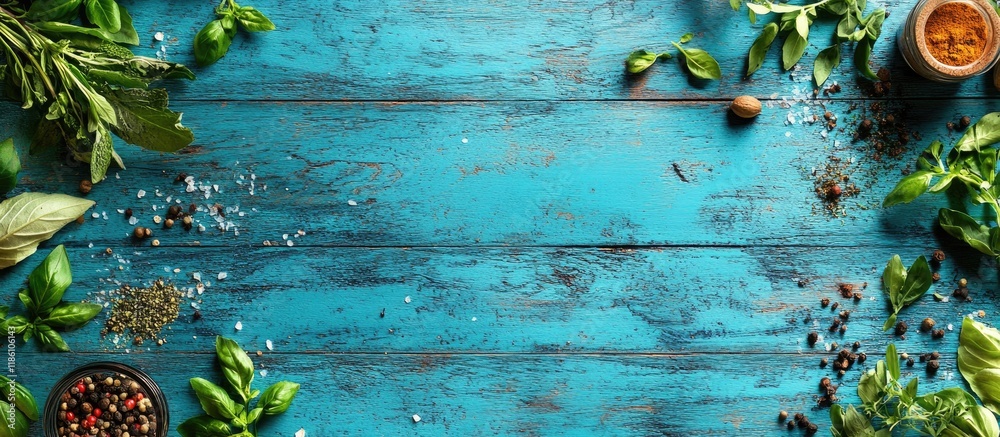 Leinwandbilder herbs and spices on a blue wooden table culinary or food backdrop food components. with copy space i