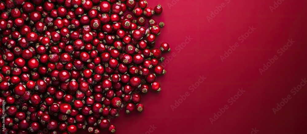 Fototapete Ripe forest lingonberries are arranged in a circular pattern on a burgundy backdrop. with copy space image. Place for adding text or design
