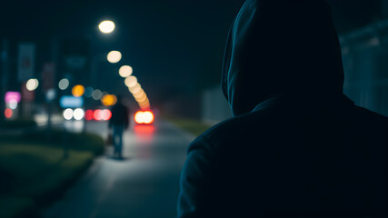Man in hood following person at night. Concept for crime, robbery and assault. Generative AI