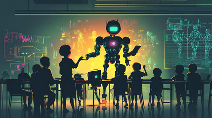 A group of children watching a robot presentation in a classroom setting.