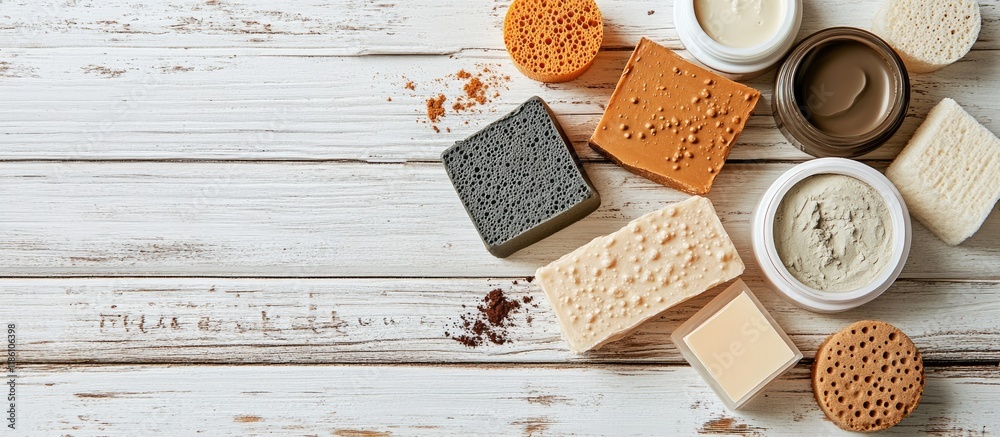 Poster cosmetic clay soaps henna blocks sponge and moisturizer arranged on a white wooden table. with copy 