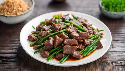 Stir fried Chinese chives with pork liver and minced pork in white plate on wooden table background. Asia Food
