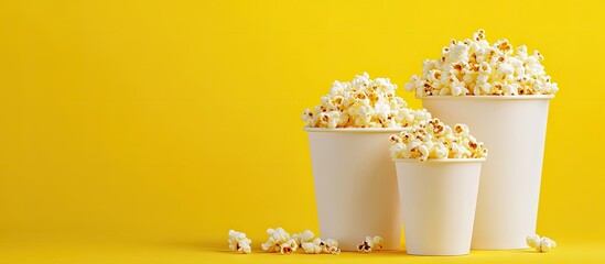 large medium and small buckets of popcorn on yellow cinema theme. with copy space image. Place for adding text or design