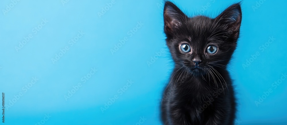 Poster adorable black kitten set against a blue background. with copy space image. place for adding text or