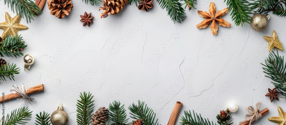 Poster christmas arrangement featuring decorations fir tree branches and pine cones on a pastel gray backgr