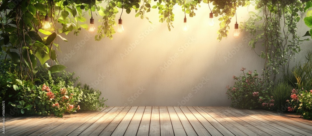 Aufkleber summer backdrop with a wooden terrace featuring climbing plants and solar powered light bulbs. with 