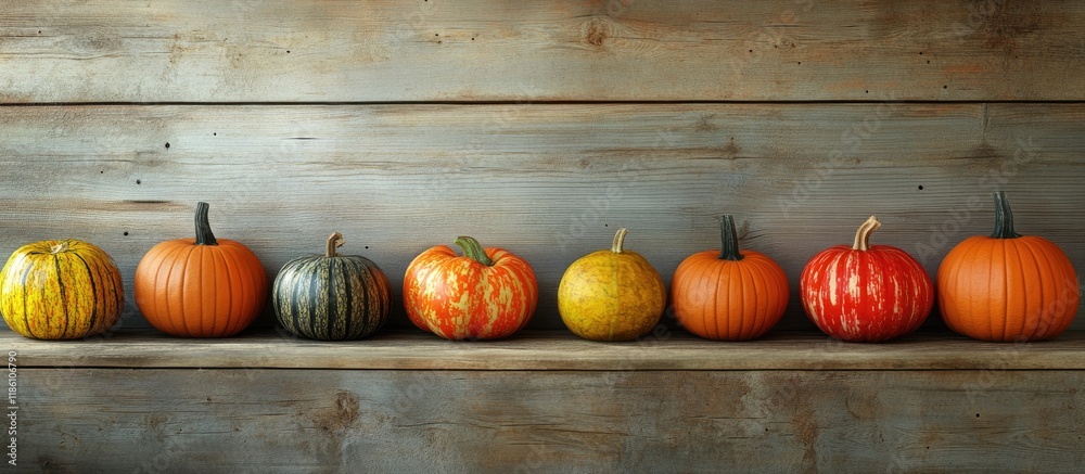 Fototapete pumpkins on a wooden surface. with copy space image. place for adding text or design
