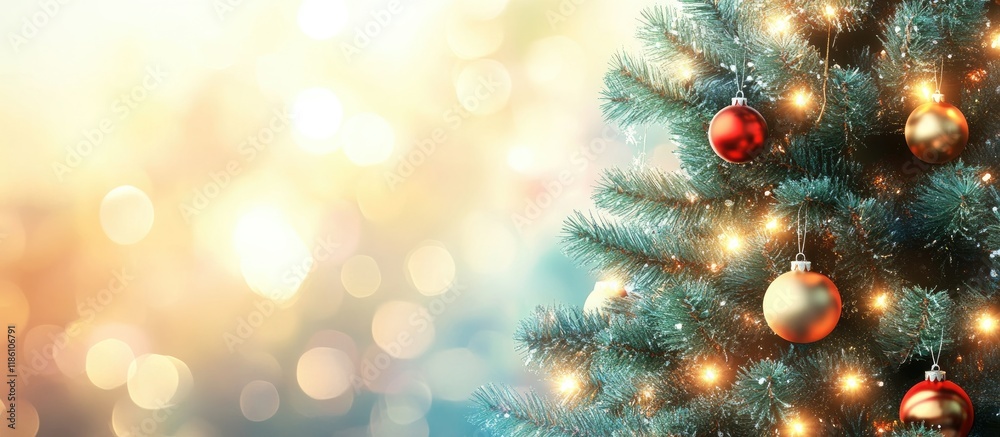 Fototapete Ornamented Christmas tree with a blurred backdrop. with copy space image. Place for adding text or design