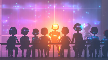A group of robots in a meeting, with one robot presenting in a futuristic setting.
