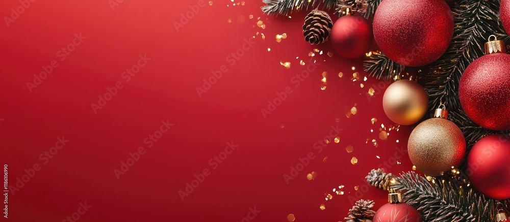 Poster Red background for New Year and Christmas featuring red and gold ornaments. with copy space image. Place for adding text or design