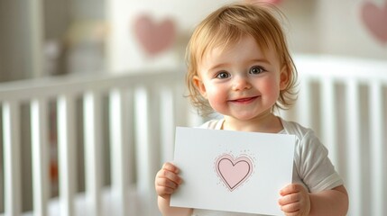 Nursery babies' Valentine celebration Happy toddler holding a heart drawing in a cozy nursery setting.
