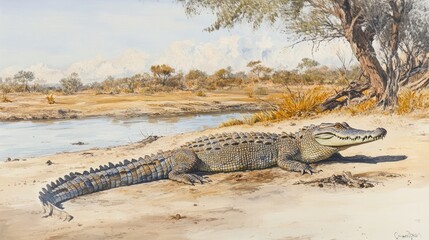 Fototapeta premium Large Nile crocodile lying in the shallows of a river, its powerful tail barely submerged.