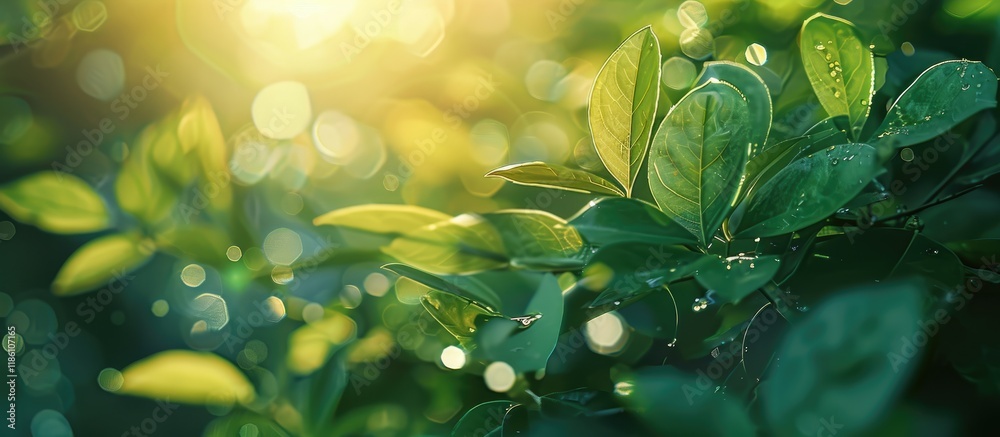 Leinwandbilder Close Up of Shimmering Fresh Green Leaves. with copy space image. Place for adding text or design