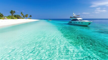Obraz premium A serene beach scene featuring clear turquoise water and a luxury yacht.