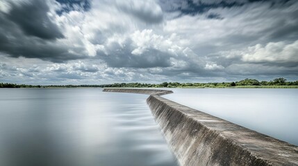 Long exposure shot of a reservoir dam under cloudy skies, water smooth as glass.