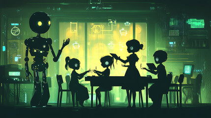 A futuristic scene with a robot and children engaged in learning or interaction.