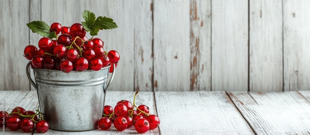 Poster Fresh red currants and a bucket isolated on a white wooden background in a flat lay The image has copy space
